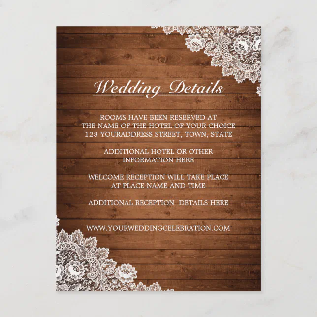 Rustic Wood & White Lace Wedding Details Enclosure Card | Zazzle