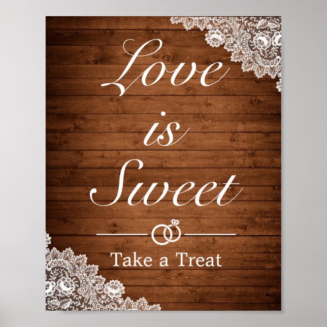 Rustic Wood & White Lace Wedding Favor Sign (Front)