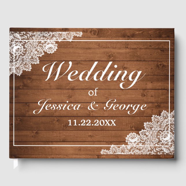Rustic Wood & White Lace Wedding Guest Book (Front)