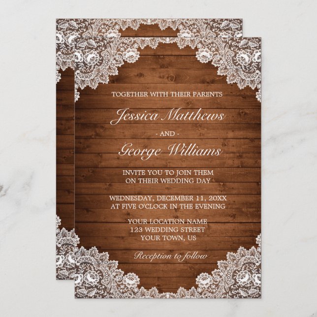 Rustic Wood & White Lace Wedding Invitation (Front/Back)