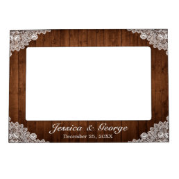Rustic Wood &amp; White Lace Wedding Magnetic Frame