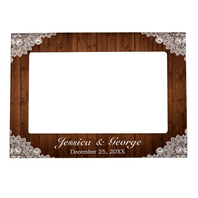 Rustic Wood & White Lace Wedding Magnetic Frame (Front)