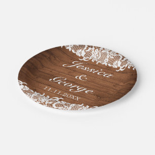 Rustic Wood & White Lace Wedding Paper Plates