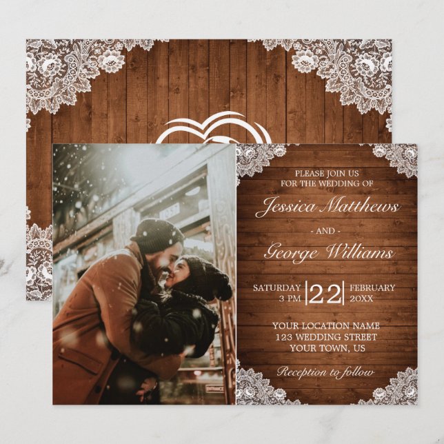 Rustic Wood & White Lace Wedding Photo Invitation (Front/Back)