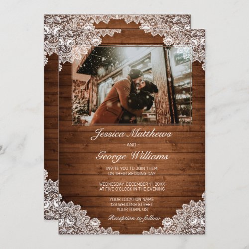 Rustic Wood  White Lace Wedding Photo Invitation