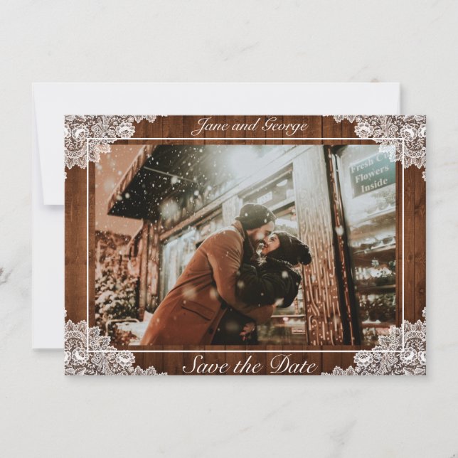 Rustic Wood & White Lace Wedding Photo Save The Date (Front)