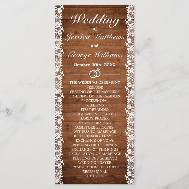 Rustic Wood & White Lace Wedding Program (Front)