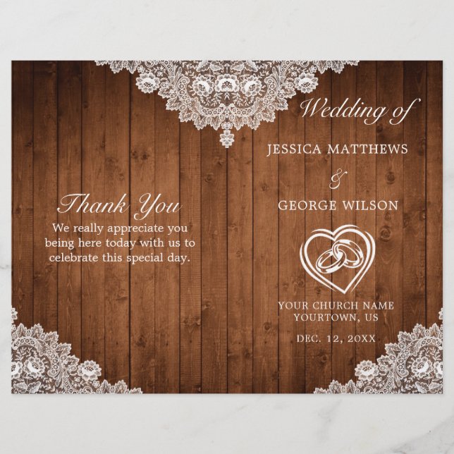 Rustic Wood & White Lace Wedding Program (Front)