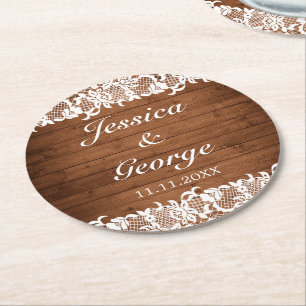 Rustic Wood & White Lace Wedding Round Paper Coaster