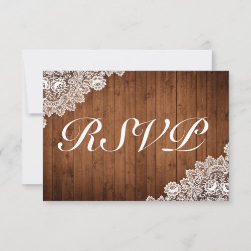 Rustic Wood  White Lace Wedding RSVP Card