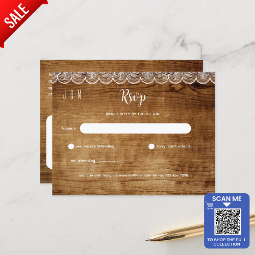 Rustic Wood White Lace Wedding RSVP - Matching Set Postcard