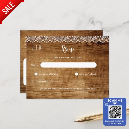 Rustic Wood White Lace Wedding RSVP _ Matching Set Postcard