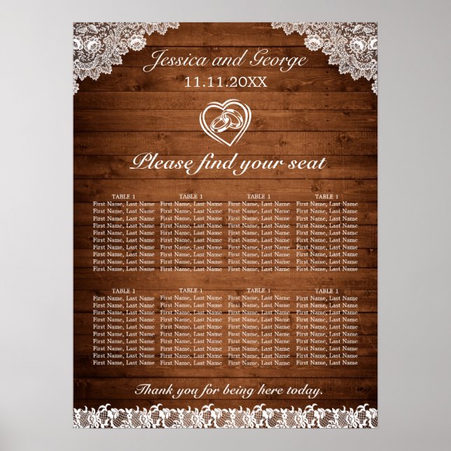 Rustic Wood & White Lace Wedding Seating Chart (Front)
