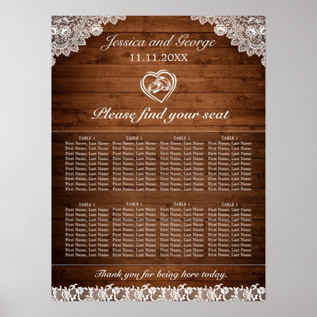 Rustic Wood & White Lace Wedding Seating Chart (Front)