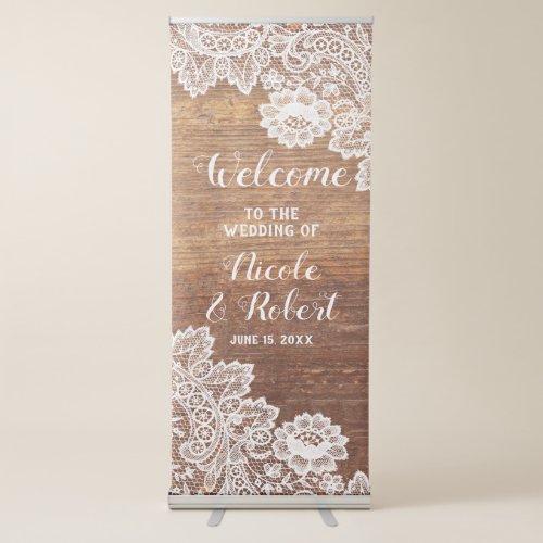 Rustic Wood White Lace Wedding Welcome Retractable Banner