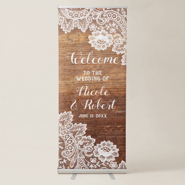 Rustic Wood White Lace Wedding Welcome Retractable Banner (Front)