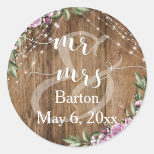 Rustic Wood, White Light Flowers Mr & Mrs Classic Round Sticker