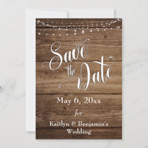 Rustic Wood White Lights  Elaborate Script Save The Date