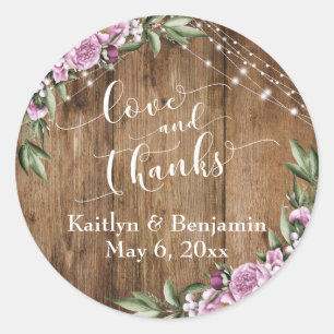 Rustic Wood, White Lights, Flowers Love and Thanks Classic Round Sticker
