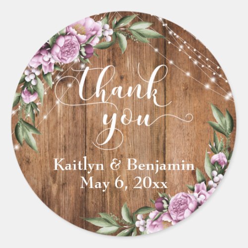 Rustic Wood White Lights Flowers Thank You Classic Round Sticker