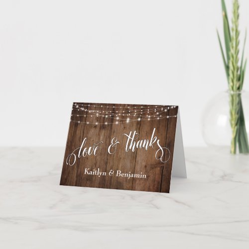 Rustic Wood White Lights Love  Thanks Thank You Card