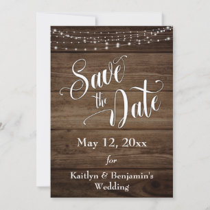 Rustic Wood, White Lights & Script, Save the Date