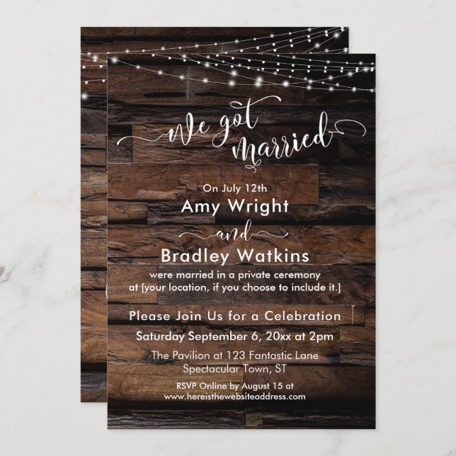 Rustic Wood White Lights We Got Married Invitation (Front/Back)