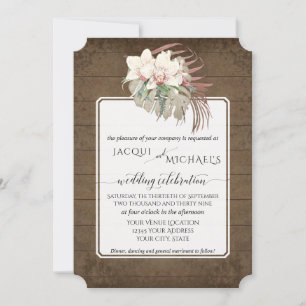 Rustic Wood White Orchid Floral Tropical Foliage Invitation