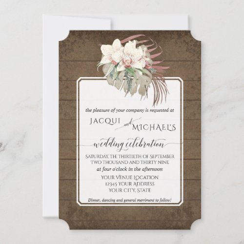 Rustic Wood White Orchid Floral Tropical Foliage Invitation
