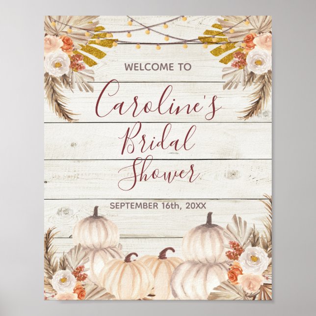 Rustic Wood White Pumpkin Bridal Shower Welcome Poster (Front)