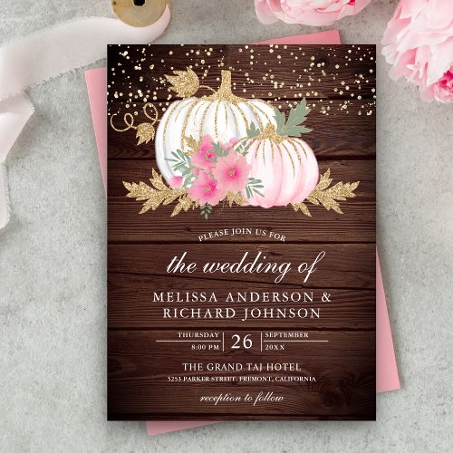 Rustic Wood White Pumpkin Pink Floral Fall Wedding Invitation