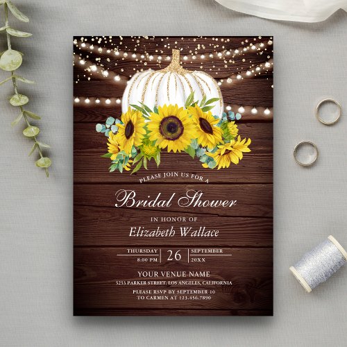 Rustic Wood White Pumpkin Sunflowers Bridal Shower Invitation
