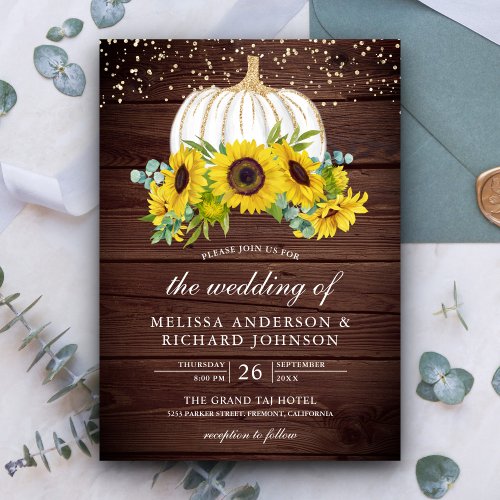 Rustic Wood White Pumpkin Sunflowers Fall Wedding Invitation