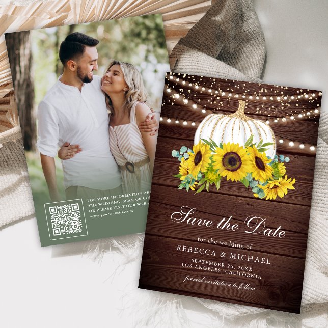 Rustic Wood White Pumpkin Sunflowers Wedding Photo Save The Date (Creator Uploaded)