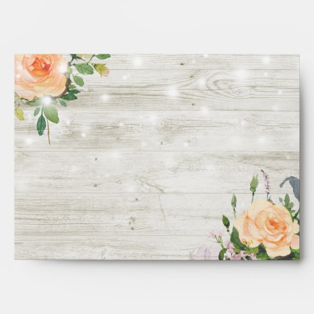Rustic Wood White Rose Floral String Light Wedding Envelope (Front)