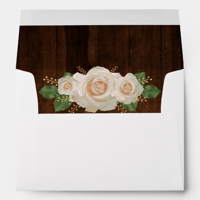 Rustic Wood White Rose Gold Country Wedding Envelope (Back (Bottom))