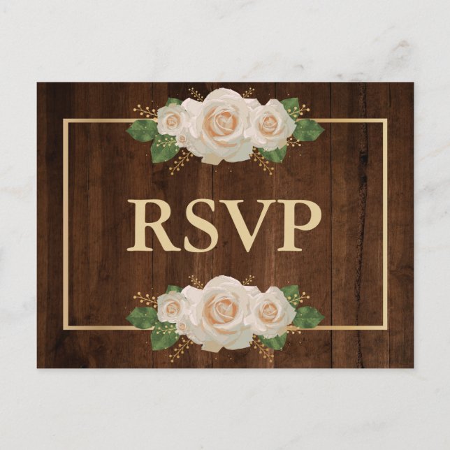 Rustic Wood White Rose Gold Frame | RSVP Postcard (Front)