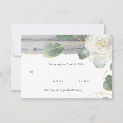 Rustic Wood White Rose Gold Greenery Wedding RSVP Card