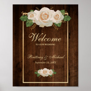 Rustic Wood White Roses and a Gold Frame Wedding Poster