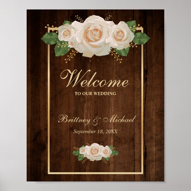 Rustic Wood White Roses and a Gold Frame | Wedding Poster (Front)
