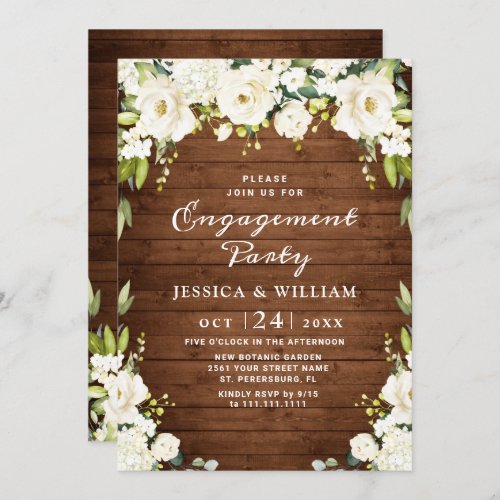 Rustic Wood White Roses Hydrangea Engagement Party Invitation