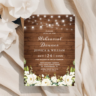 Rustic Wood White Roses Hydrangea Rehearsal Dinner Invitation