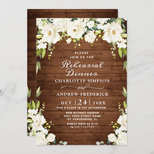 Rustic Wood White Roses Hydrangea Rehearsal Dinner Invitation