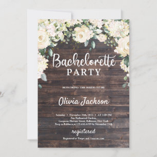 Rustic wood white roses hydrangeas bachelorette invitation