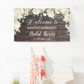 Rustic wood white roses hydrangeas bridal shower banner (Insitu)