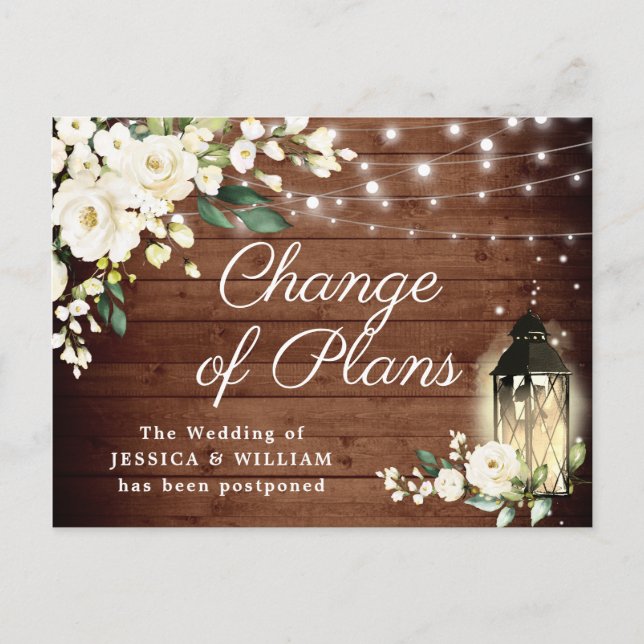 Rustic Wood & White Roses Lantern Change of Plans Postcard (Front)