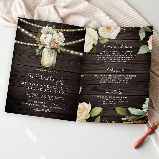 Rustic Wood White Roses Mason Jar QR Code Wedding Invitation (Creator Uploaded)