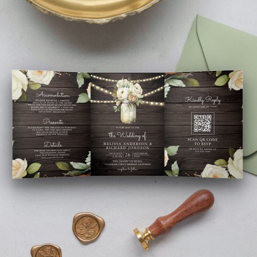 Rustic Wood White Roses Mason Jar QR Code Wedding Tri_Fold Invitation