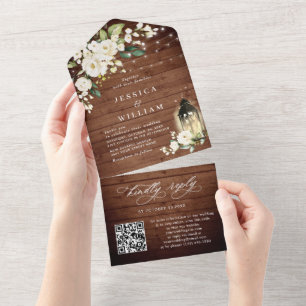 Rustic Wood White Roses Wedding QR code All In One Invitation