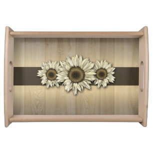 Rustic wood white sunflower serving tray